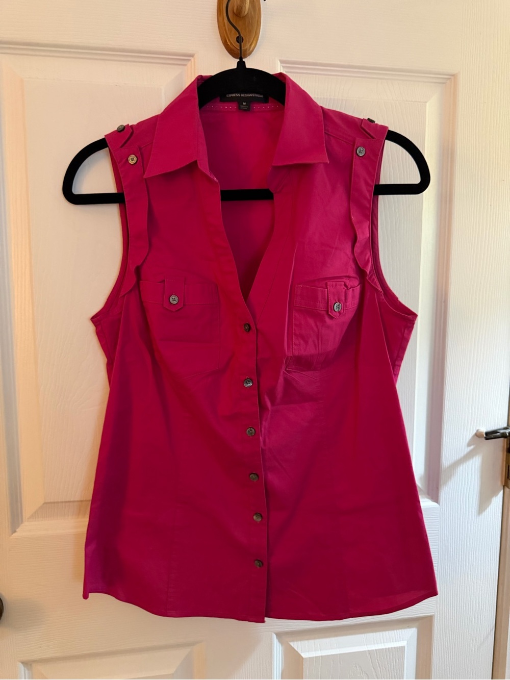Express Sleeveless Button Down Shirt in Bright Pink